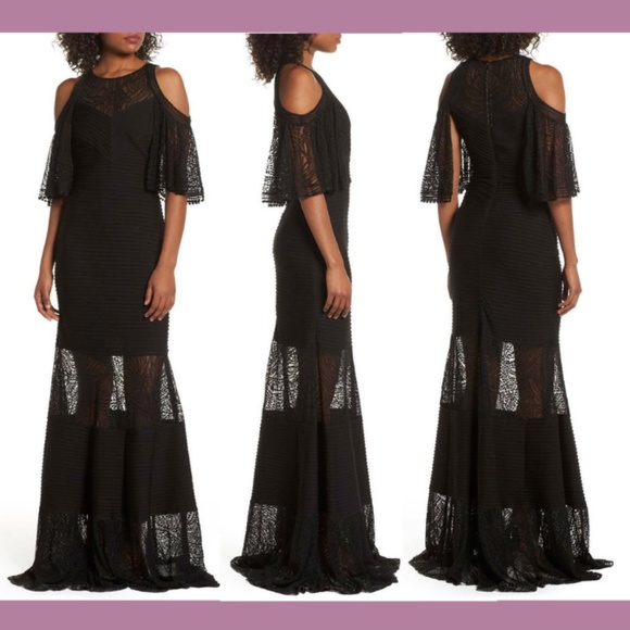 NEW‎ $548 Tadashi Shoji [ PLUS 1X ] Esme Cold Shoulder Lace Gown in Black - Picture 1 of 13